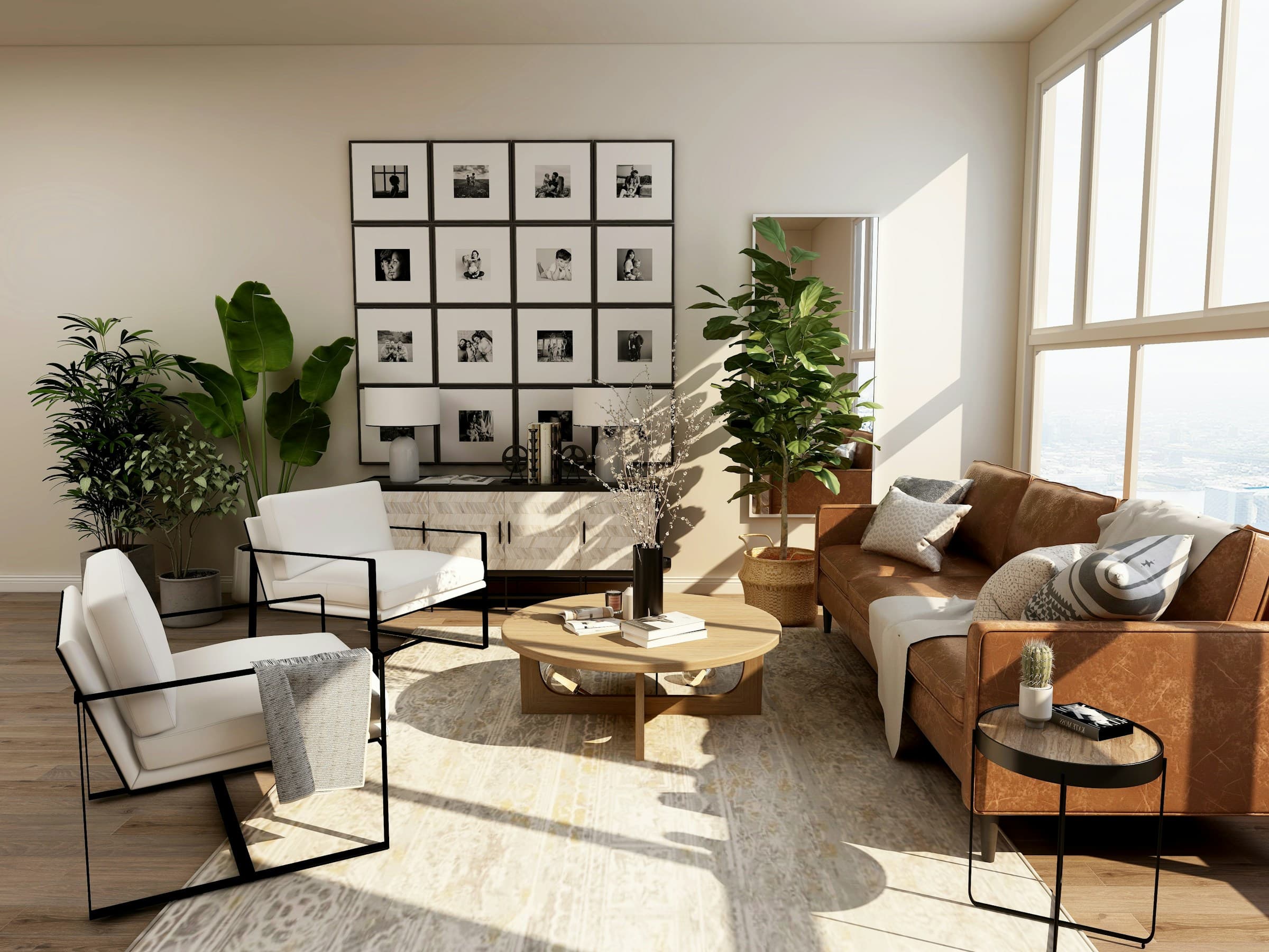 A contemporary living room with warm daylight, plants, and considered furniture